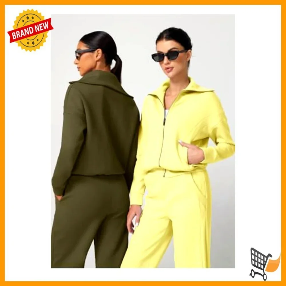 Cotton Zip-Up Sweatshirt and Wide Leg Pants Matching Tracksuit Set